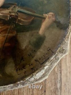 Tableau ancien femme Musicienne Joueuse Violon Huile Sur Toile Vers 1900
