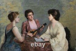 Tableau ancien femmes musiciennes musique instrument huile toile Eugène SOUBIRAN