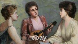 Tableau ancien femmes musiciennes musique instrument huile toile Eugène SOUBIRAN