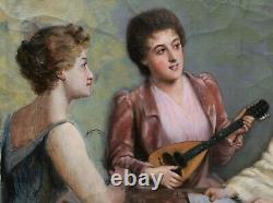 Tableau ancien femmes musiciennes musique instrument huile toile Eugène SOUBIRAN