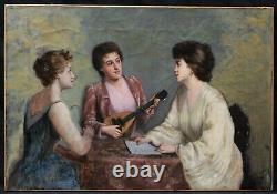Tableau ancien femmes musiciennes musique instrument huile toile Eugène SOUBIRAN