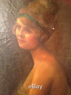 Tableau ancien fin XIXe Art Nouveau Portrait de femme au ruban vert Huile Signée