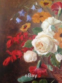 Tableau ancien fin XIXeme Bouquet de Roses et fleurs sur entablement c1879