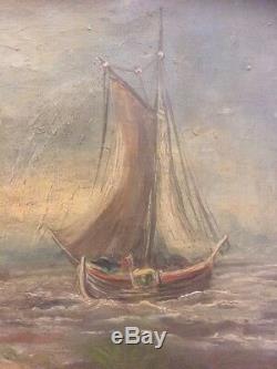 Tableau ancien fin XIXème début XXème Huile sur toile Marine Animée bateau