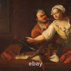 Tableau ancien flamand intérieur peinture huile toile nature morte 17ème siècle
