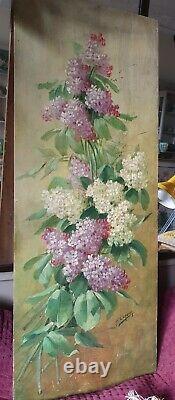 Tableau ancien fleurs lilas huile sur bois nature morte (G. Corbier 1869 1945)