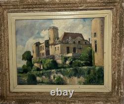 Tableau ancien français signé et daté 1952 Château et jardin Huile