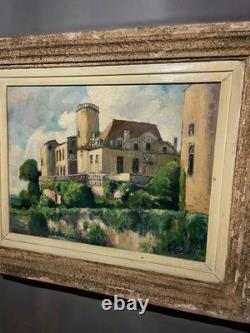 Tableau ancien français signé et daté 1952 Château et jardin Huile