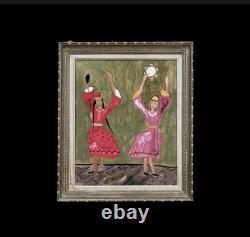 Tableau ancien gouache scène de genre danse folklorique orientaliste Art Naif