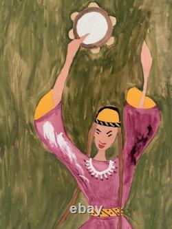 Tableau ancien gouache scène de genre danse folklorique orientaliste Art Naif