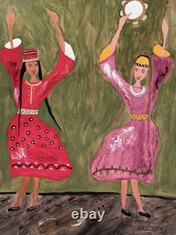 Tableau ancien gouache scène de genre danse folklorique orientaliste Art Naif