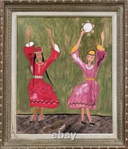 Tableau ancien gouache scène de genre danse folklorique orientaliste Art Naif
