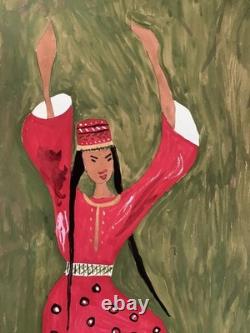 Tableau ancien gouache scène de genre danse folklorique orientaliste Art Naif