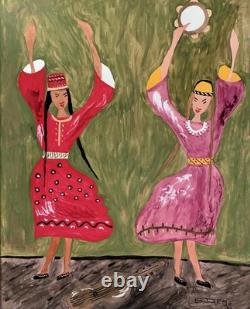 Tableau ancien gouache scène de genre danse folklorique orientaliste Art Naif
