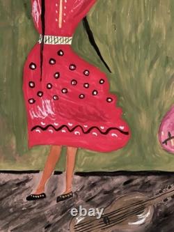 Tableau ancien gouache scène de genre danse folklorique orientaliste Art Naif