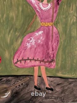 Tableau ancien gouache scène de genre danse folklorique orientaliste Art Naif