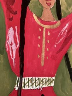 Tableau ancien gouache scène de genre danse folklorique orientaliste Art Naif