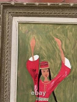 Tableau ancien gouache scène de genre danse folklorique orientaliste Art Naif