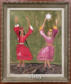 Tableau ancien gouache scène de genre danse folklorique orientaliste Art Naif