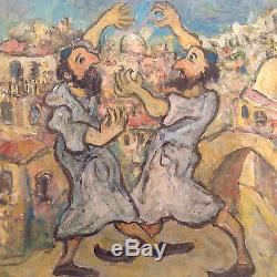 Tableau ancien goût Mane Katz danse Hassidique huile signée Jewish Fine Art Oil