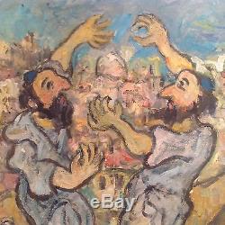Tableau ancien goût Mane Katz danse Hassidique huile signée Jewish Fine Art Oil