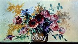 Tableau ancien grand bouquet Mimosas Roses Anémones Still Life 30 x 52 c Hors ca