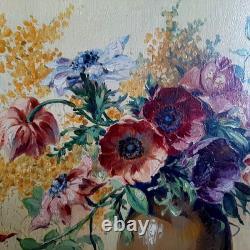 Tableau ancien grand bouquet Mimosas Roses Anémones Still Life 30 x 52 c Hors ca