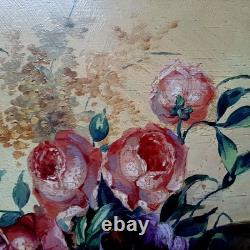 Tableau ancien grand bouquet Mimosas Roses Anémones Still Life 30 x 52 c Hors ca