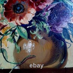 Tableau ancien grand bouquet Mimosas Roses Anémones Still Life 30 x 52 c Hors ca