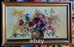 Tableau ancien grand bouquet Mimosas Roses Anémones Still Life 30 x 52 c Hors ca