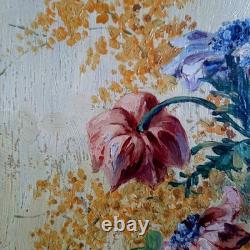 Tableau ancien grand bouquet Mimosas Roses Anémones Still Life 30 x 52 c Hors ca