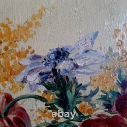 Tableau ancien grand bouquet Mimosas Roses Anémones Still Life 30 x 52 c Hors ca