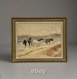 Tableau ancien hsb paysage chevaux Camargue scène animée Circky André Poirson