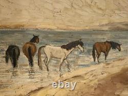 Tableau ancien hsb paysage chevaux Camargue scène animée Circky André Poirson