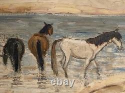 Tableau ancien hsb paysage chevaux Camargue scène animée Circky André Poirson