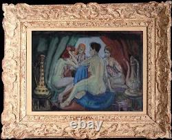 Tableau ancien hsp femmes nues assises autour du thé drapage scène orientaliste