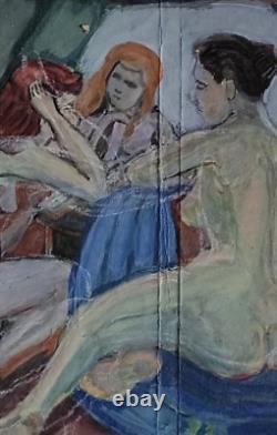 Tableau ancien hsp femmes nues assises autour du thé drapage scène orientaliste