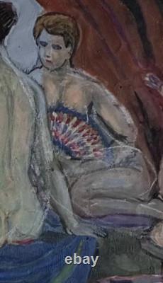 Tableau ancien hsp femmes nues assises autour du thé drapage scène orientaliste