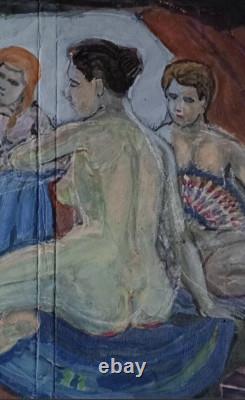 Tableau ancien hsp femmes nues assises autour du thé drapage scène orientaliste