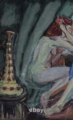 Tableau ancien hsp femmes nues assises autour du thé drapage scène orientaliste