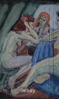 Tableau ancien hsp femmes nues assises autour du thé drapage scène orientaliste