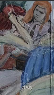 Tableau ancien hsp femmes nues assises autour du thé drapage scène orientaliste