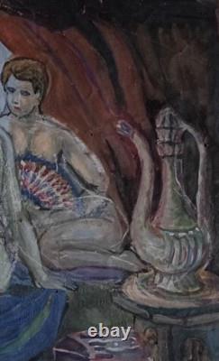 Tableau ancien hsp femmes nues assises autour du thé drapage scène orientaliste
