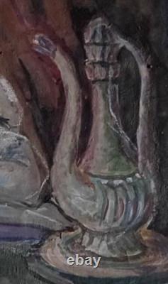 Tableau ancien hsp femmes nues assises autour du thé drapage scène orientaliste