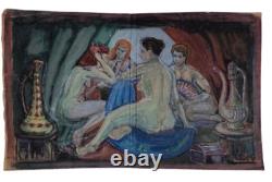 Tableau ancien hsp femmes nues assises autour du thé drapage scène orientaliste