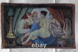 Tableau ancien hsp femmes nues assises autour du thé drapage scène orientaliste