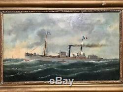 Tableau ancien hst marine portrait de bateau vapeur l'Oberon signé Edouard Adam