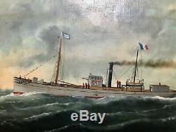 Tableau ancien hst marine portrait de bateau vapeur l'Oberon signé Edouard Adam