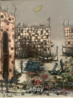 Tableau ancien hst paysage canal Venise gondole Italie J. RAITO dlg Jean Calogero