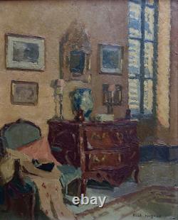 Tableau ancien huile La commode Paul HUGUES Paul intérieur Salon Parisien